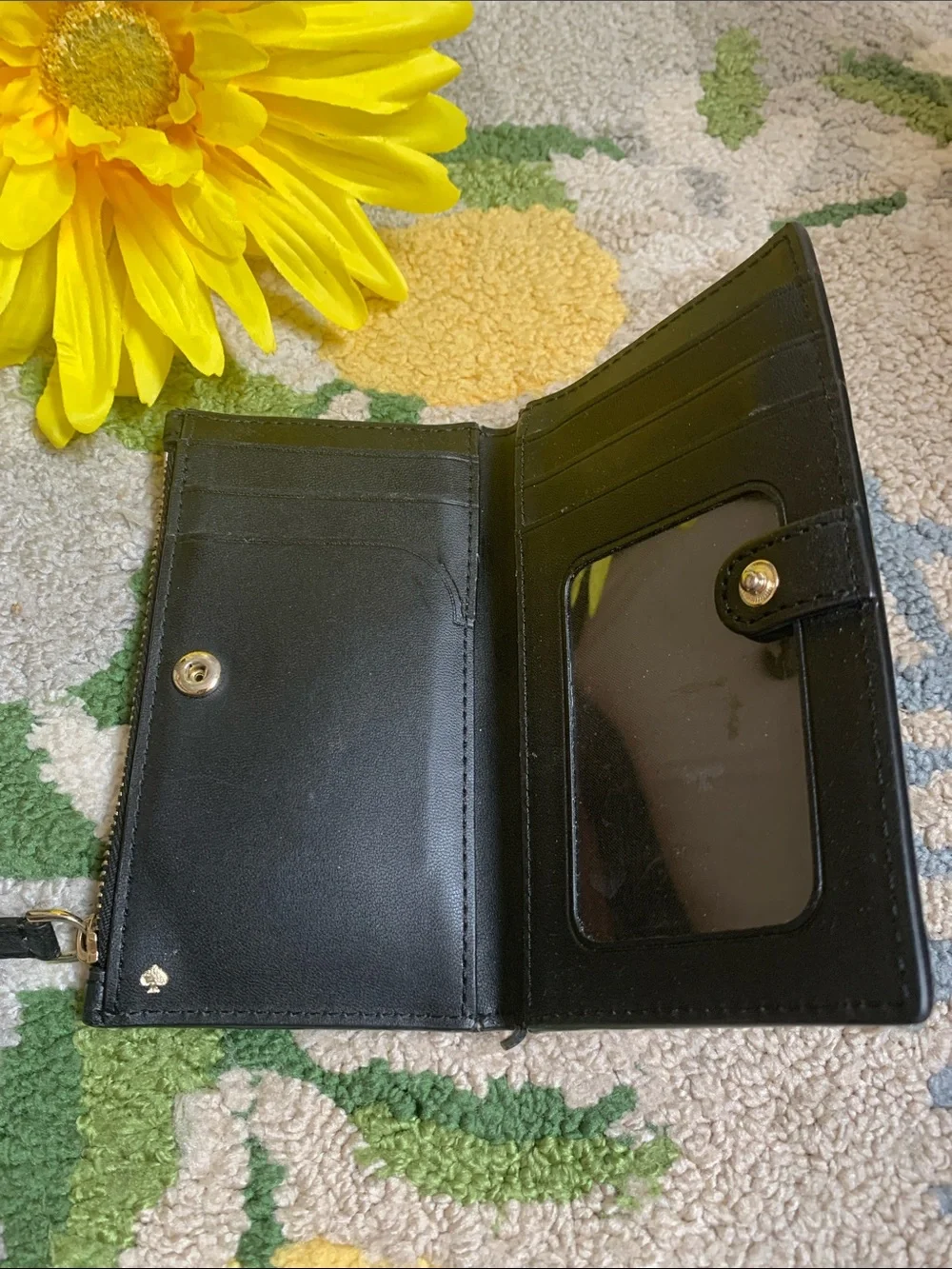 kate spade Black Pebbled Leather Zip Card Case with Gold Logo